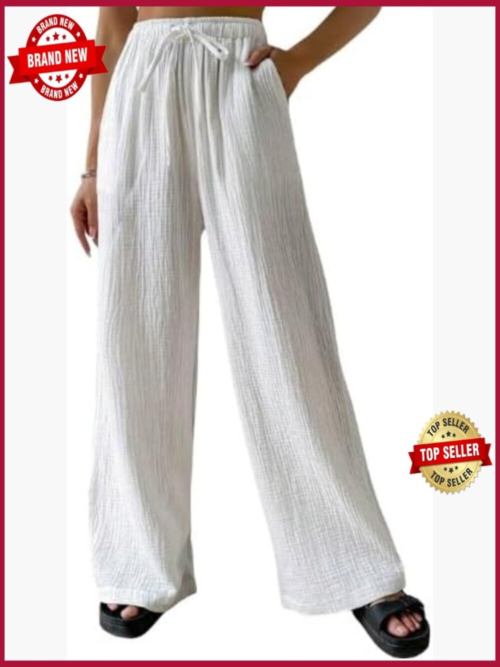 Wide Leg Linen Pants - Pull On High Rise Palazzo Trousers